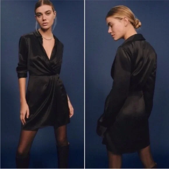NEW Reformation Alaine 100% Silk Dress Black 2